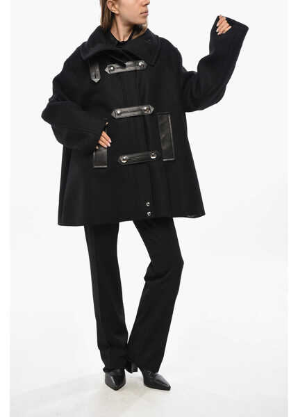 Paltoane Khaite Double-Breasted Wool Blend Coat With Leather Details Black Femei (BM 19722113) 4