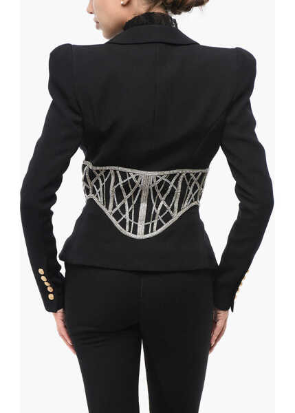 Sacouri Balmain Jewel Detailed Slim Fit Blazer With Padded Shoulders Black Femei (BM 19722122) 2