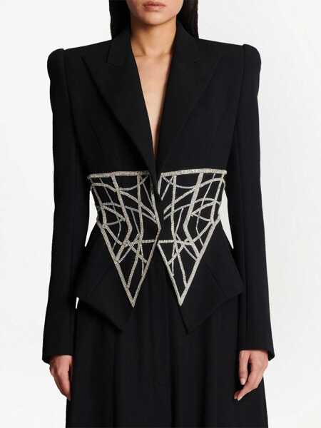 Sacouri Balmain Jewel Detailed Slim Fit Blazer With Padded Shoulders Black Femei (BM 19722122) 4