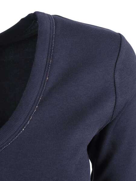 Tricouri Fabiana Filippi RIBBED COTTON JERSEY U NECK T-SHIRT FILO DIAMANTE DETAIL Blue Femei (BM 19723626) 3