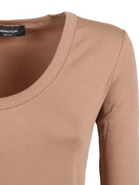 Tricouri Fabiana Filippi RIBBED COTTON JERSEY U NECK T-SHIRT FILO DIAMANTE DETAIL Beige Femei (BM 19723674) 3