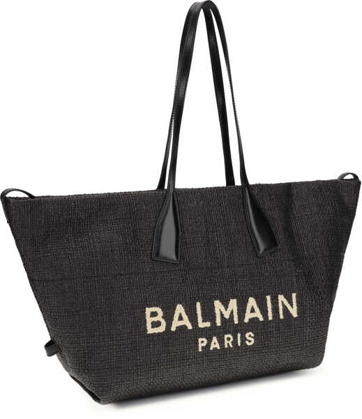 Genti de umar Balmain Track Shoulder Bag in leather and raffia NOIR Femei (BM 19735925) 2