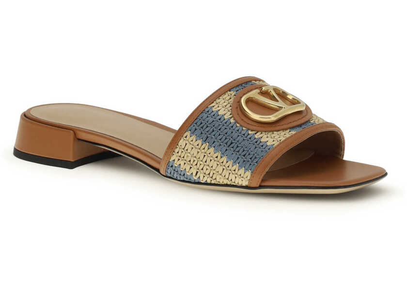 Sandale Valentino Garavani VLogo Signature raffia slide Sandals NATURALE-AZZURRO/ROASTED PECAN Femei (BM 19737095) 2