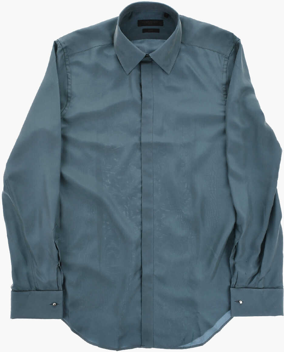 Butoni CORNELIANI Code Slim Fit Silk Solid-Color Shirt With Cufflinks Blue Barbati (BM 19748831) 2
