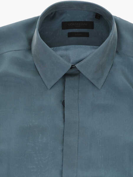 Butoni CORNELIANI Code Slim Fit Silk Solid-Color Shirt With Cufflinks Blue Barbati (BM 19748831) 3