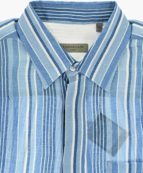 Camasi casual CORNELIANI Circle Striped Linen Shirt With Side Slits Blue Barbati (BM 19748864) 2