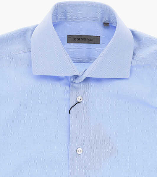 Butoni CORNELIANI Herringbone-Pattern Cotton Shirt With Cufflinks Blue Barbati (BM 19748939) 2