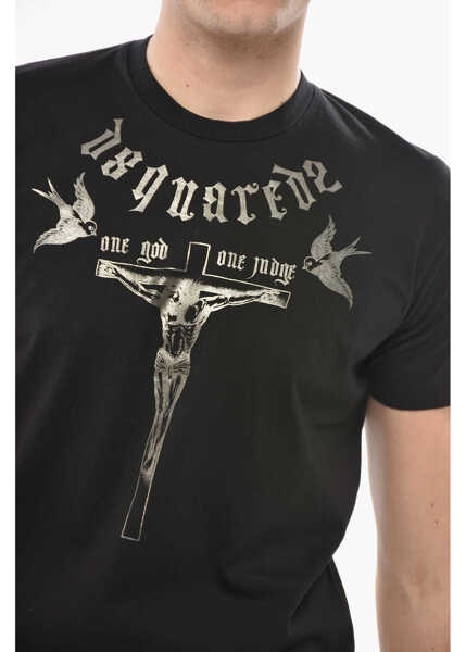 Tricouri DSQUARED2 Crewneck Cotton T-Shirt With Lam Print Black Barbati (BM 19749047) 3