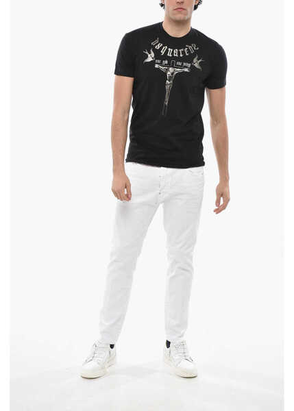 Tricouri DSQUARED2 Crewneck Cotton T-Shirt With Lam Print Black Barbati (BM 19749047) 4