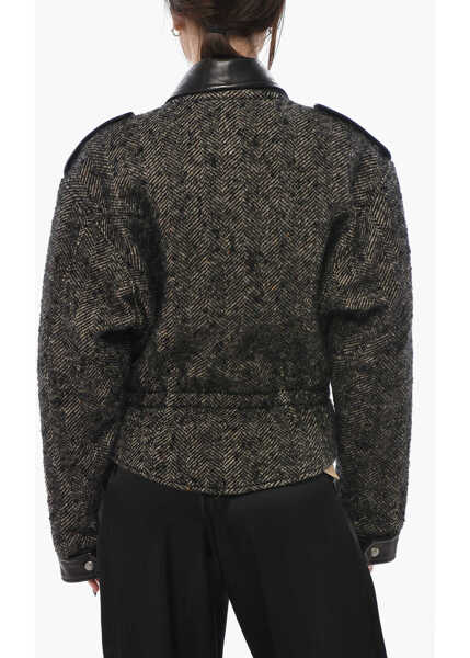 Paltoane R13 Tweed Biker Coat With Leather Details Black Femei (BM 19749080) 2