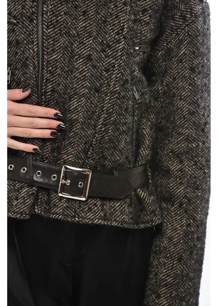 Paltoane R13 Tweed Biker Coat With Leather Details Black Femei (BM 19749080) 3