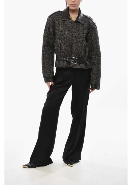 Paltoane R13 Tweed Biker Coat With Leather Details Black Femei (BM 19749080) 4