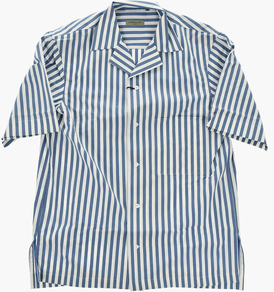 Camasi casual CORNELIANI Circle Awning-Striped Short-Sleeve Shirt With Chest Pocket Blue Barbati (BM 19749095) 2