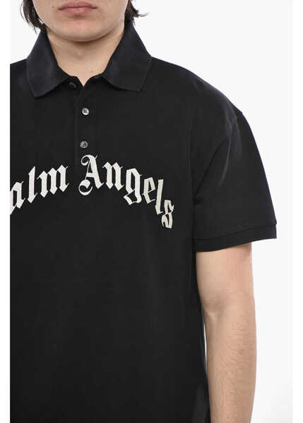 Tricouri Polo Palm Angels Cotton Piqu Polo With Embroidered Logo Black Barbati (BM 19752059) 3
