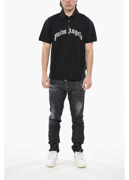 Tricouri Polo Palm Angels Cotton Piqu Polo With Embroidered Logo Black Barbati (BM 19752059) 4