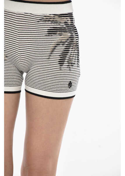 Pantaloni scurti Palm Angels Knit Shorts Blurred Palm With Elastic Waist Black & White Femei (BM 19752125) 3