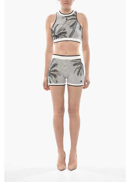 Pantaloni scurti Palm Angels Knit Shorts Blurred Palm With Elastic Waist Black & White Femei (BM 19752125) 4