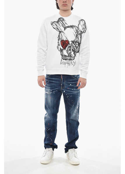 Hanorace DSQUARED2 Brushed Cotton Crew Neck Sweatshirt With Contrast Print Black & White Barbati (BM 19752143) 4