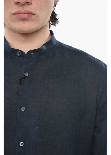 Camasi casual CORNELIANI Circle Solid Linen Shirt With Korean Collar Blue Barbati (BM 19752164) 3