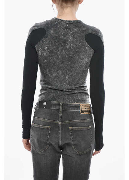 Tricouri Diesel Marble-Effect Long-Sleeve Crewneck T-Shirt T-Lastek With Rib Black Femei (BM 19752479) 2