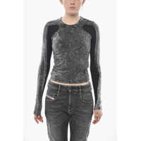 Bluze Marble-Effect Long-Sleeve Crewneck T-Shirt T-Lastek With Rib Femei