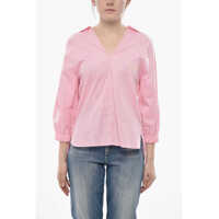 Bluze Poplin Blouse With V-Neck And Embroidered Logo Femei