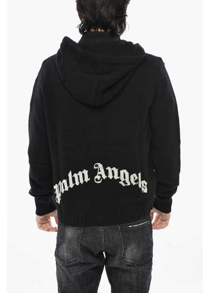 Bluze de trening Palm Angels Wool-Blend Knit Hoodie With Zip Closure Black Barbati (BM 19752866) 2