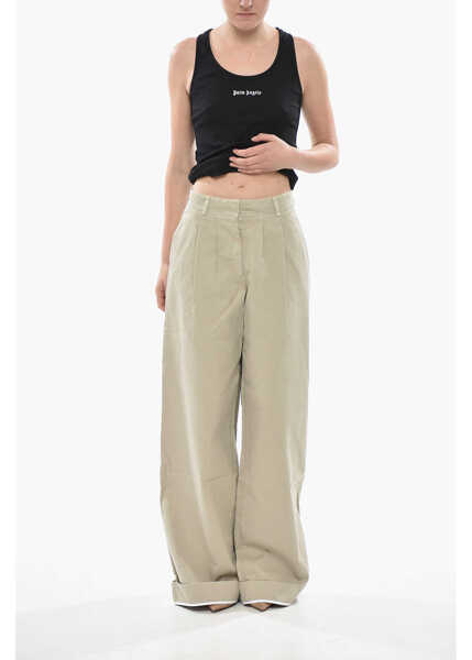 Pantaloni casual Palm Angels Cotton Pants Gd Label With Two Pleats And Turn-Up Hem Beige Femei (BM 19752884) 4