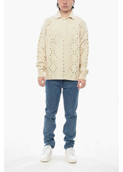 Tricouri Polo Givenchy Openwork Alpaca-Blend Pullover With Polo Collar White Barbati (BM 19752908) 4