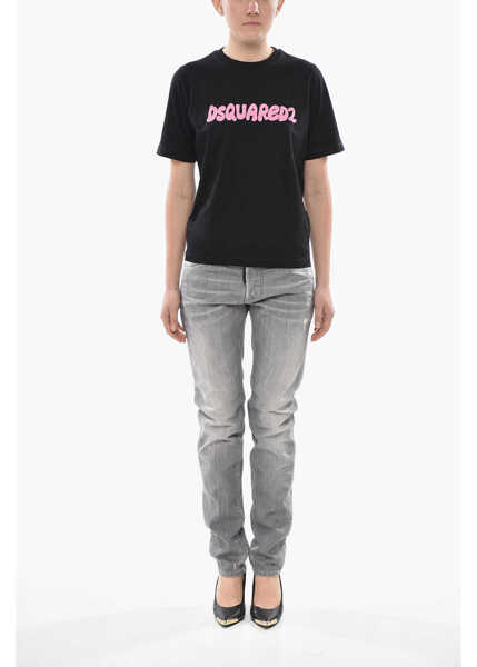 Tricouri DSQUARED2 Crewneck T-Shirt Easy Fit In Solid Color With Printed Logo Black Femei (BM 19752923) 4