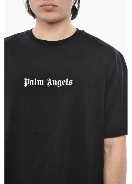 Tricouri Palm Angels Slim-Fit Crewneck T-Shirt In Solid Color With Contrast Logo Black Barbati (BM 19753049) 3