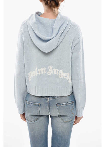 Pulovere casual Palm Angels Hooded Knit Top Curved Logo With Jacquard Logo Light Blue Femei (BM 19753055) 2