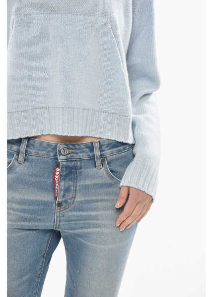 Pulovere casual Palm Angels Hooded Knit Top Curved Logo With Jacquard Logo Light Blue Femei (BM 19753055) 3