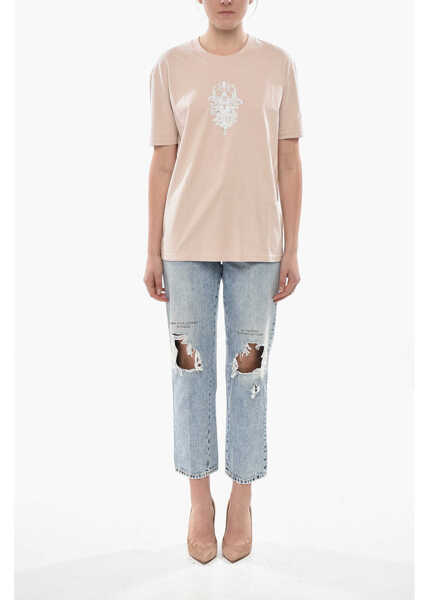 Tricouri Givenchy Cotton Crewneck T-Shirt With Front Stmpa And Crystals Pink Femei (BM 19753061) 4