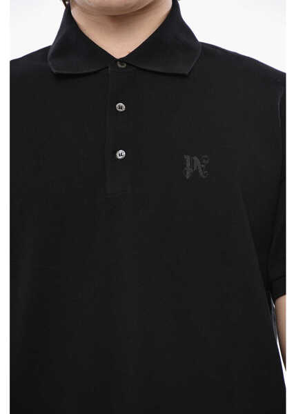 Tricouri Polo Palm Angels Cotton Piqu Polo With Tone-On-Tone Monogram Black Barbati (BM 19753103) 3
