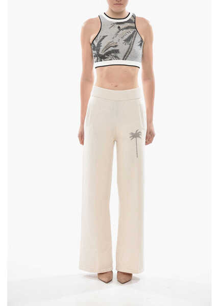Pantaloni casual Palm Angels Knit Palazzo Pants Palm With Jacquard Logo White Femei (BM 19753265) 4