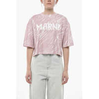 Tricouri Printed Cotton Crop T-Shirt With Printed Logo Femei