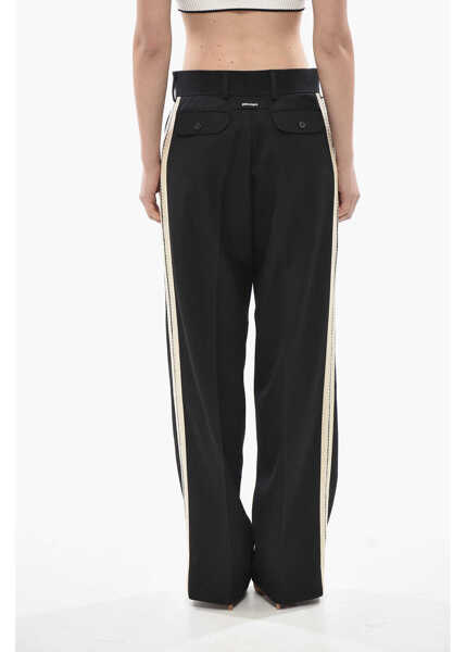 Pantaloni casual Palm Angels Wool-Blend Palazzo Pants Logo Tape With Crochet Side Bands Black Femei (BM 19753313) 2