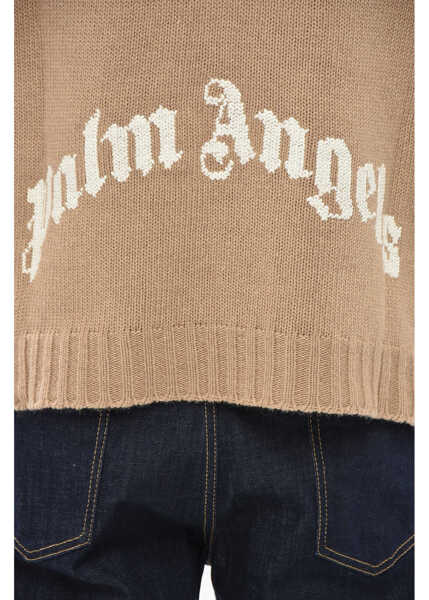 Pulovere Palm Angels Wool-Blend Crewneck Sweater With Contrast Logo Beige Barbati (BM 19753853) 3