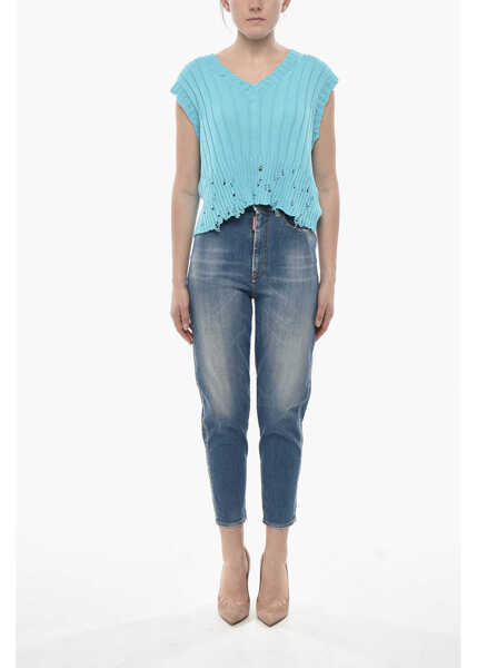 Pulovere casual Marni Distressed Knit Vest With V-Neck Light Blue Femei (BM 19754351) 4