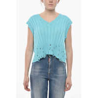 Pulovere casual Distressed Knit Vest With V-Neck Femei