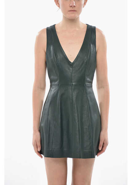 Rochii de zi Marni Flared Leather Mini Dress With V-Neck Green Femei (BM 19754402) 4