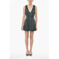 Rochii de zi Flared Leather Mini Dress With V-Neck Femei