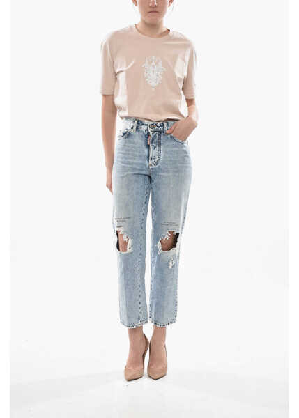 Blugi drepti DSQUARED2 Destroyed Jeans Boston Straight-Leg With 18Cm Print Blue Femei (BM 19754573) 4