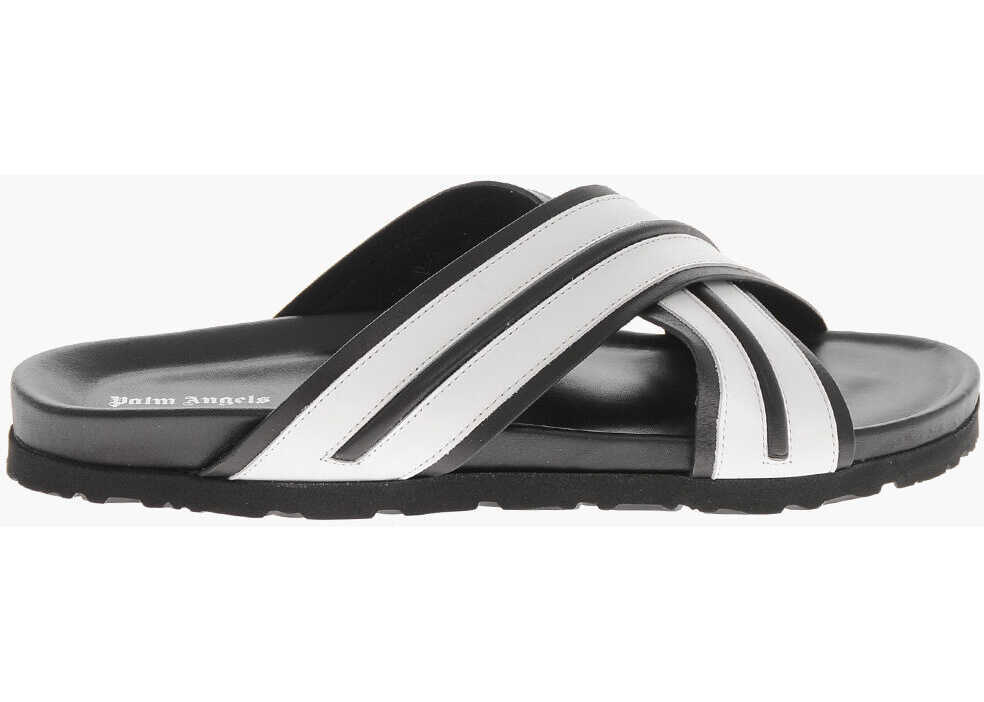 Sandale Palm Angels Leather Sandals Track With Criss Cross Design Black & White Barbati (BM 19756961) 3