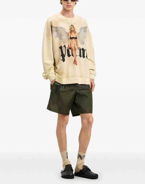 Bluze de trening Palm Angels Brushed Cotton Sweatshirt Crystal Pin Up With Print Beige Barbati (BM 19759976) 2