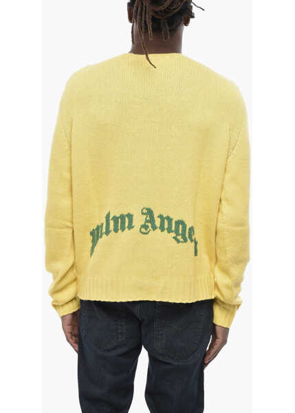 Pulovere Palm Angels Cashmere Blend Crew Neck Sweater Curved Logo Yellow Barbati (BM 19759994) 2