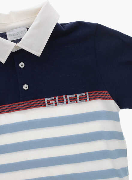 Tricouri Polo Gucci Cotton Polo With Awning Stripes And Jacquard Logo Blue Baieti (BM 19760366) 2