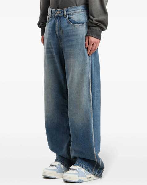 Blugi drepti Palm Angels Jeans Straight Fit Curved Logo With Raw Hem Detail 26Cm Light Blue Barbati (BM 19760432) 4