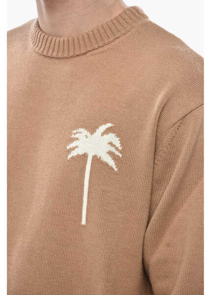 Pulovere Palm Angels Cotton-Blend Crewneck Sweater All-Over Palms Brown Barbati (BM 19762577) 3